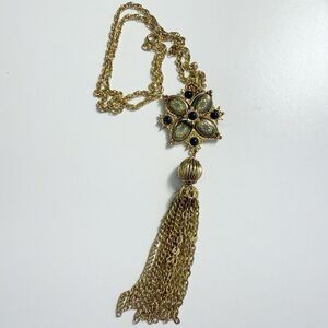Vintage Denise Victorian Goth Style Mosaic Floral Enamel Tassel Pendant Necklace